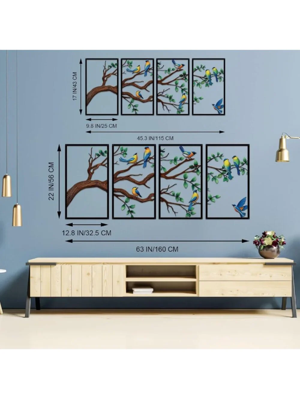 4-Piece Large Metal Birds & Branch Wall Art - Colorful Tree of Life Sculpture